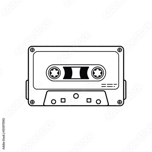 Black and white line art illustration of an audio cassette tape