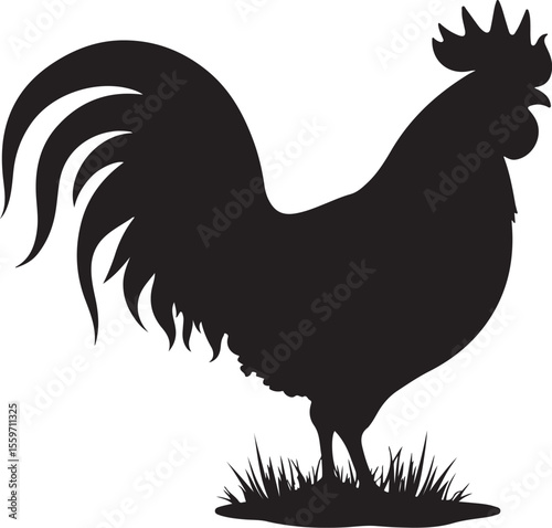 Bold Rooster Silhouette - Farm Animal Vector Icon on Grass