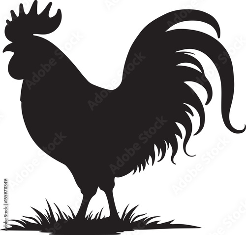 Bold Rooster Silhouette - Farm Animal Vector Icon on Grass