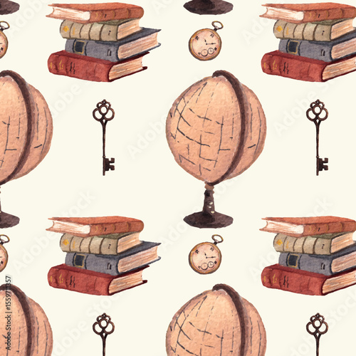 Vintage seamless pattern with globe, keys, old books, and pocket watches in soft watercolor. Elegant retro academic theme perfect for history lovers, libraries, or stationery branding.