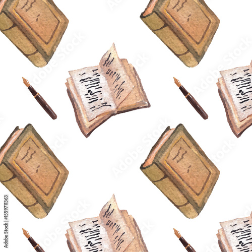 Watercolor seamless academia pattern with books, fountain pens, and old paper. Classic vintage theme for study, journal, and school-related design. Ideal for stationery, fabric, and decor use.
