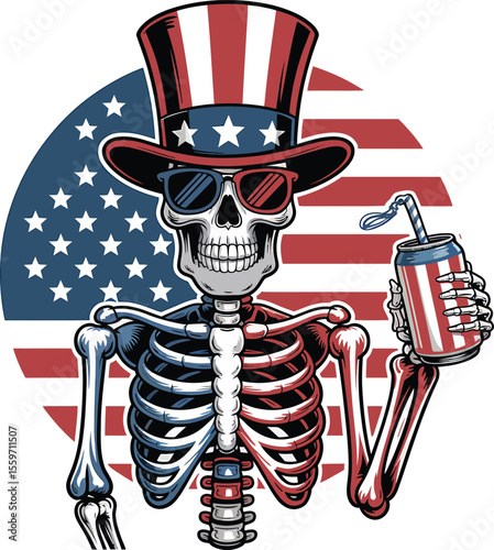 Patriotic Skeleton Uncle Sam Skull Wearing Top Hat Sunglasses Holding Soda Can American Flag Background