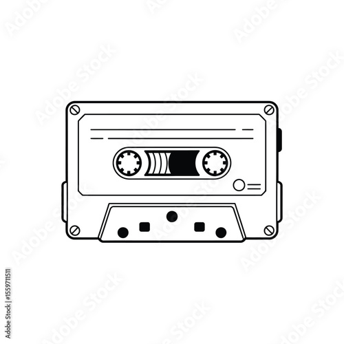 Black and White Cassette Tape Illustration with Detailed Design