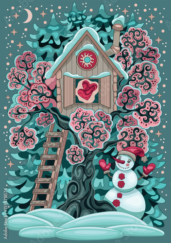 Greeting card with snowman, small house with hearts and wooden ladder in winter garden. Line art vector illustration. Happy New Year and Merry Christmas holiday card concept