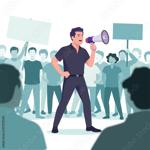 Man Speaking into a Megaphone at a Protest