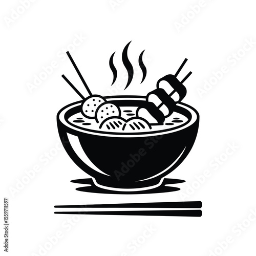 Black and White Vector Illustration of a Bowl of Hot Noodles