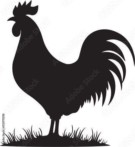 Bold Rooster Silhouette - Farm Animal Vector Icon on Grass