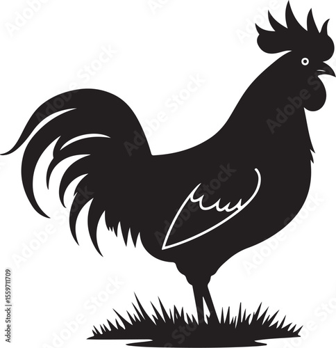 Bold Rooster Silhouette - Farm Animal Vector Icon on Grass