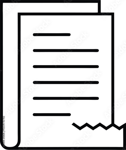 Simple black outline icon of a document with horizontal lines of text and a torn edge isolated on white background