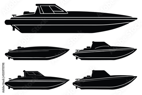 Set of isolated vector illustrations of fast motorboats, yachts, and ships for sea transport and sport