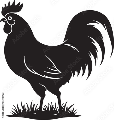 Bold Rooster Silhouette - Farm Animal Vector Icon on Grass