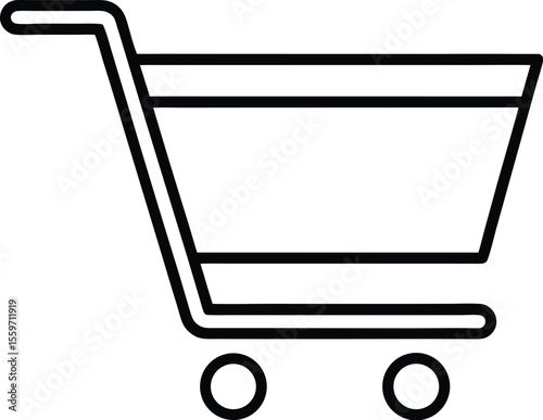 A simple black outline icon of a shopping cart with two wheels and a handle isolated on white background