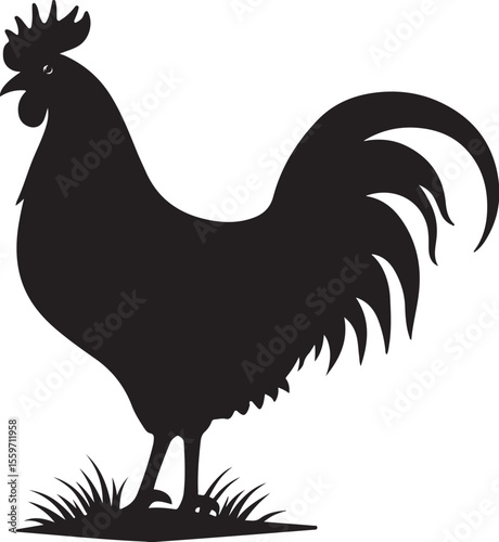Bold Rooster Silhouette - Farm Animal Vector Icon on Grass
