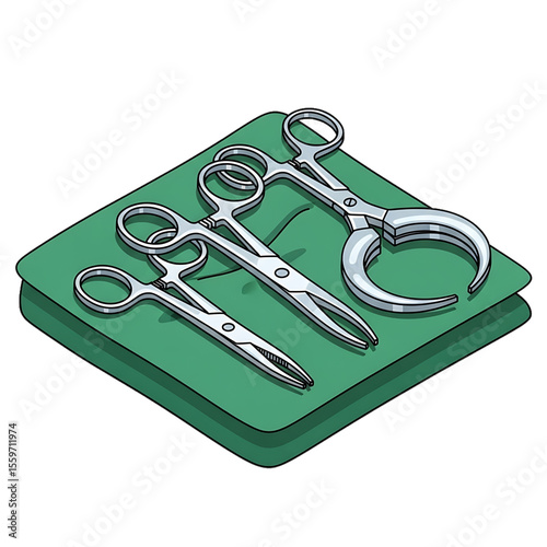 Sterile surgical tools on a green tray used in operations.