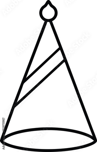 Simple black outline drawing of a party hat with a pom pom on top and decorative stripes isolated on white background