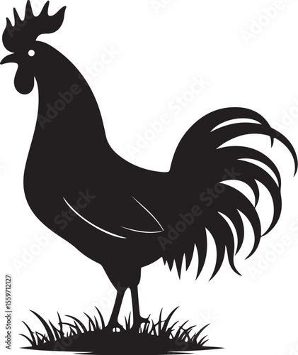 Bold Rooster Silhouette - Farm Animal Vector Icon on Grass