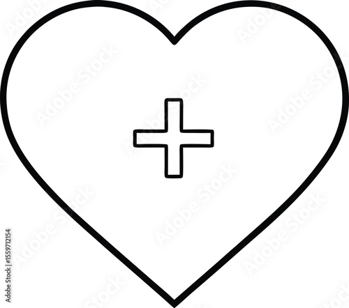 Simple outline of a heart symbol with a plus sign inside representing health and care isolated on white background