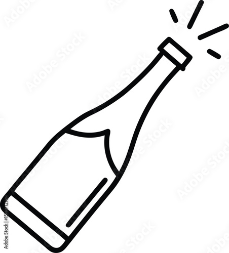 Stylized outline drawing of a champagne bottle with a cork popping and celebratory sparks isolated on white background