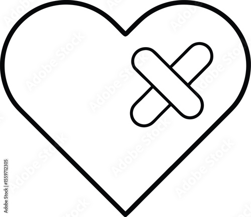 Stylized black outline of a heart with two crossed band aids on its surface isolated on white background