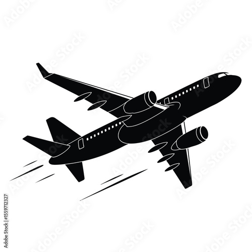 Black and White Airplane Ascending with Motion Lines Illustration