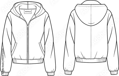 Front and back view of zip-up hoodie technical fashion flat sketch, casual outerwear template with hood, drawstring, ribbed hem

 flat vector illustration