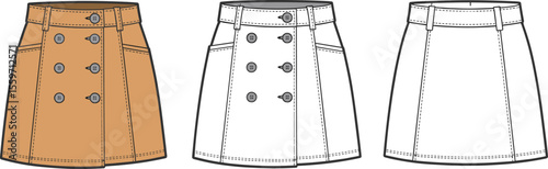 Front and back flat sketch of high waist A-line skirt with button detail, belt loops, panel seams, and topstitch accents flat vector illustration