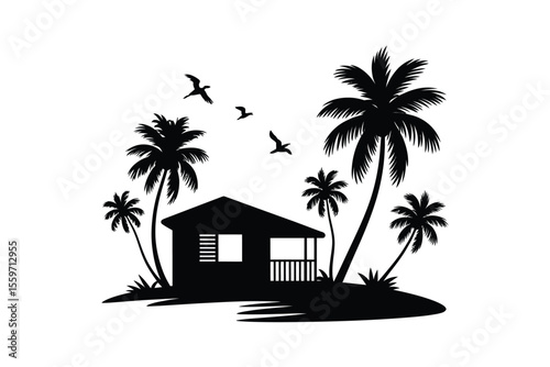 Tropical Island Getaway Silhouette of a Cabin and Palm Trees