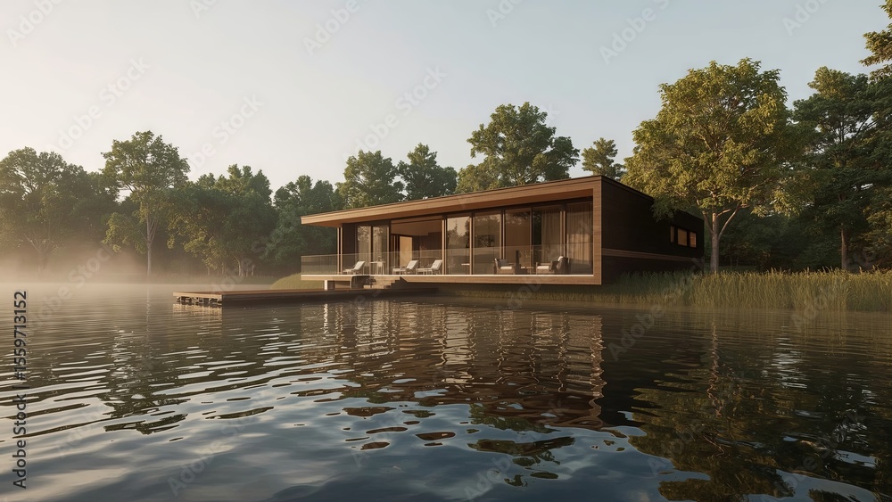 Obraz premium Elegant luxury modular home situated on the tranquil lakeshore, blending modern architectural design with natural beauty, offering serene views, comfort, sustainability 