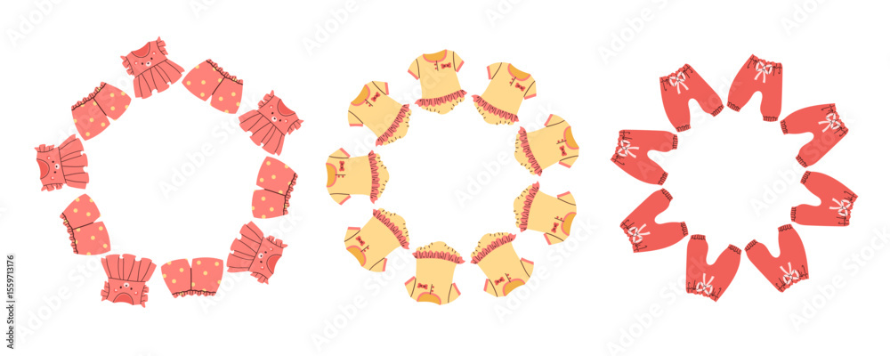 Fototapeta premium Trendy baby clothes with pockets and stripes, isolated clothes for newborn babies o toddlers. Jumpsuit of cotton, soft textile for children of young age. Shops or stores. Vector in flat style .