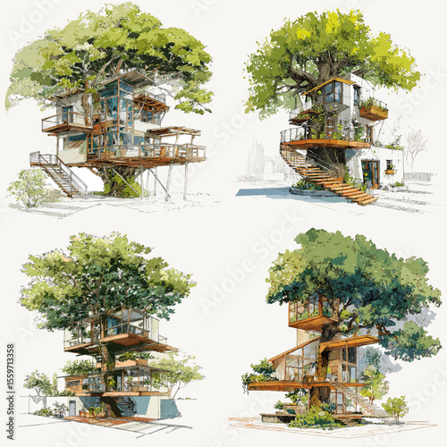 Stylized treehouses with modern architecture built around large trees, combining nature and design in a sustainable and adventurous lifestyle concept.

