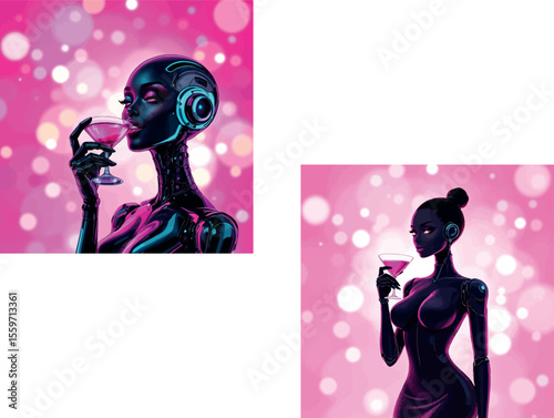 Vsai beautiful robot woman drinking cosmopolitan cocktail in pink background