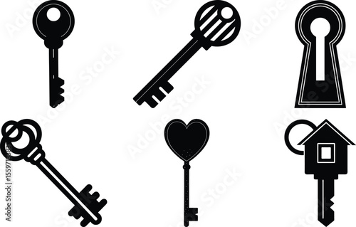 Vector art of collection of seven black key and lock icons isolated on transparent background