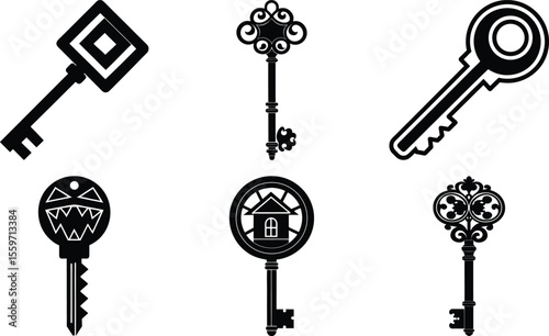 Vector art of a set of six black key icons isolated on transparent background