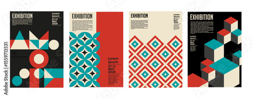 Art exhibition posters with abstract painting design. Vector vertical banners, invitation flyers to museum or gallery with trendy creative background with colorful patern blobs and drawn shapes.