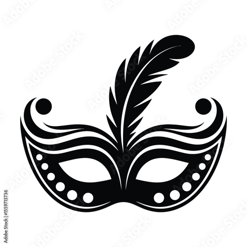 Elegant Black Masquerade Mask with Feather on White Background