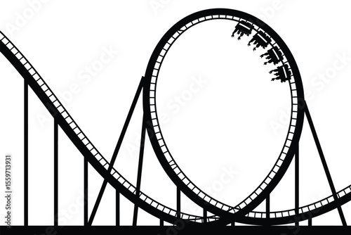 Black and White Roller Coaster Silhouette with Loop and Riders