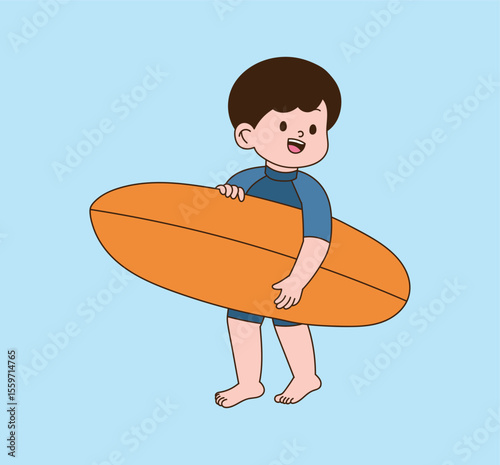 A child wearing a swimsuit and holding a surfboard. minimal line illustration.