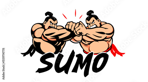 Cartoon Sumo Wrestlers Fighting – Traditional Japanese Wrestling Characters in Action Poses