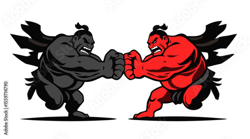 Cartoon Sumo Wrestlers Fighting – Traditional Japanese Wrestling Characters in Action Poses