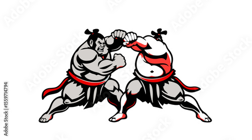 Cartoon Sumo Wrestlers Fighting – Traditional Japanese Wrestling Characters in Action Poses