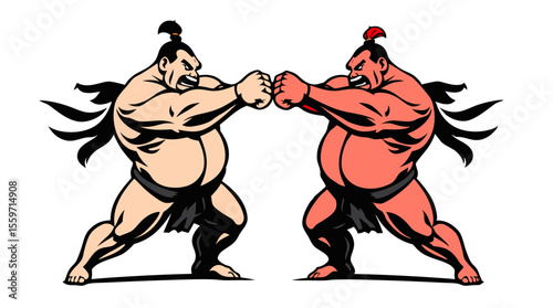 Cartoon Sumo Wrestlers Fighting – Traditional Japanese Wrestling Characters in Action Poses