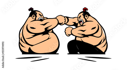 Cartoon Sumo Wrestlers Fighting – Traditional Japanese Wrestling Characters in Action Poses
