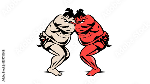 Cartoon Sumo Wrestlers Fighting – Traditional Japanese Wrestling Characters in Action Poses