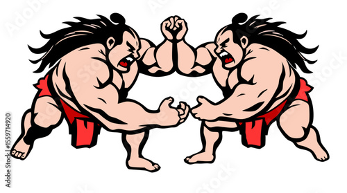 Cartoon Sumo Wrestlers Fighting – Traditional Japanese Wrestling Characters in Action Poses