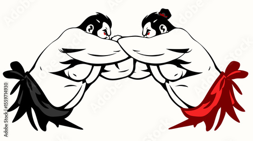 Cartoon Sumo Wrestlers Fighting – Traditional Japanese Wrestling Characters in Action Poses
