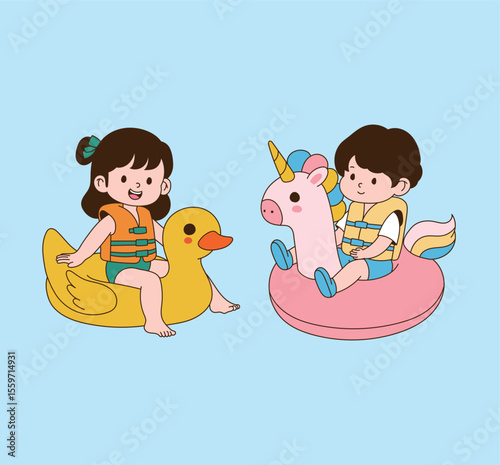 Children wearing life vests and playing with water tubes. minimal line illustration.