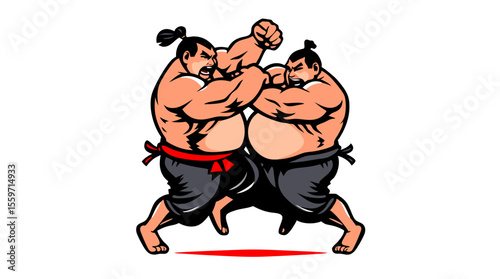 Cartoon Sumo Wrestlers Fighting – Traditional Japanese Wrestling Characters in Action Poses