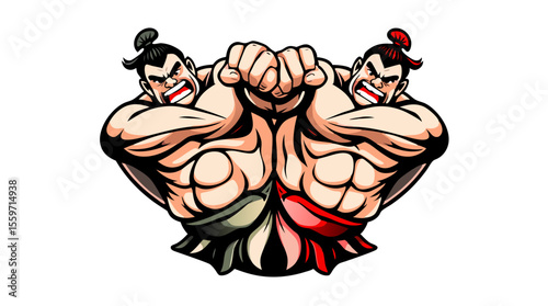 Cartoon Sumo Wrestlers Fighting – Traditional Japanese Wrestling Characters in Action Poses