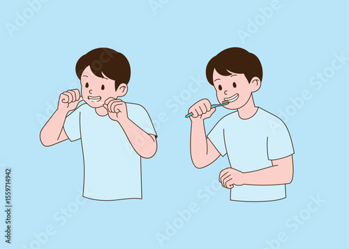 A man who flosses and brushes his teeth.