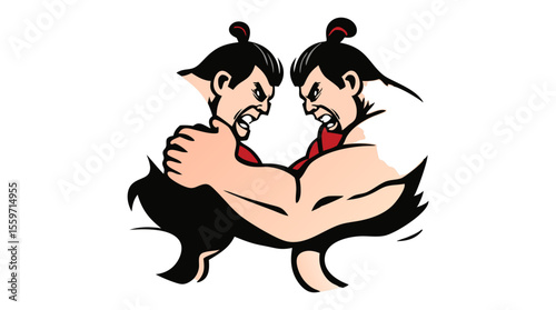 Cartoon Sumo Wrestlers Fighting – Traditional Japanese Wrestling Characters in Action Poses